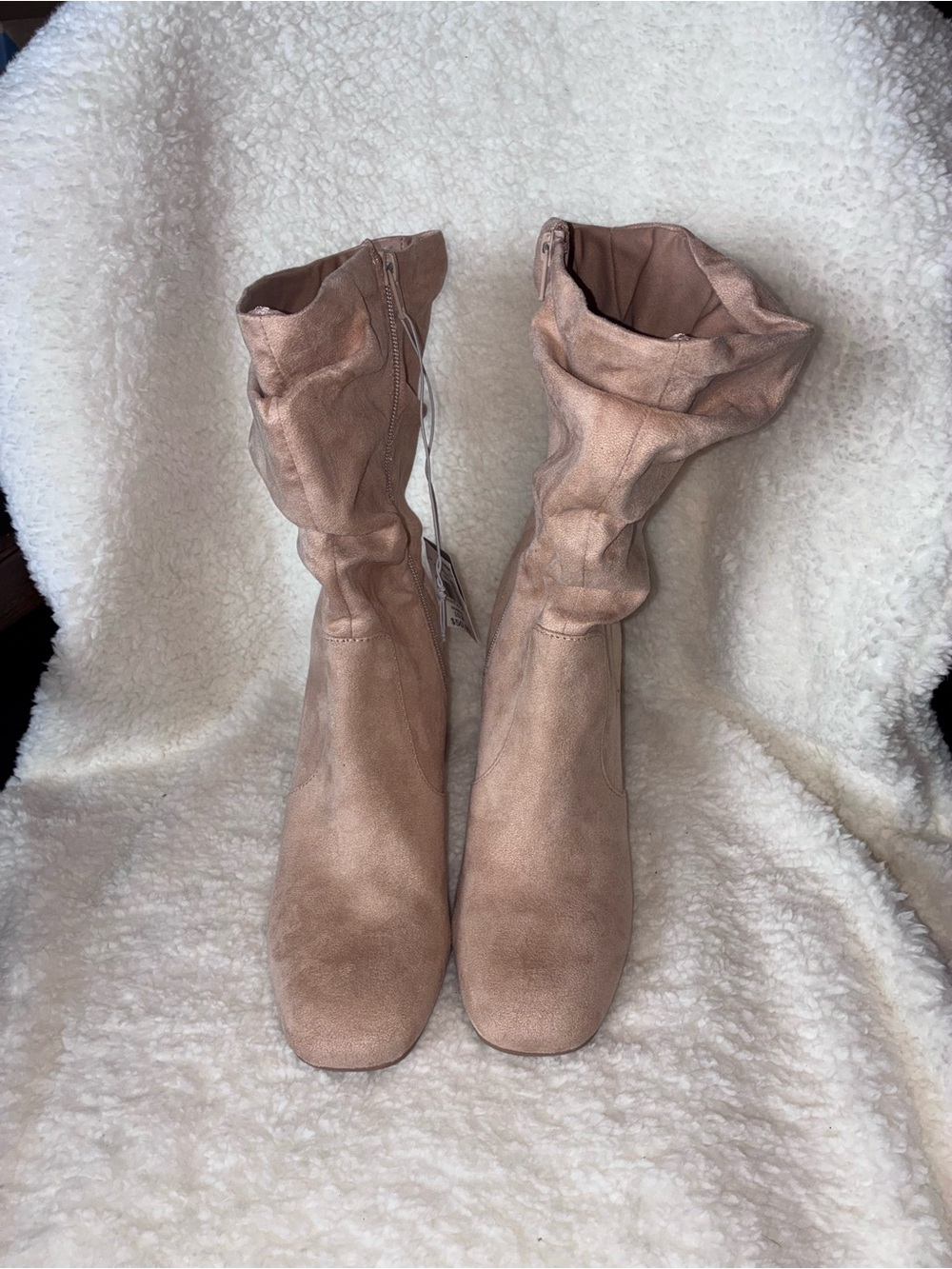 Slouchy Mid-Calf Heeled Boots in Blush Taupe